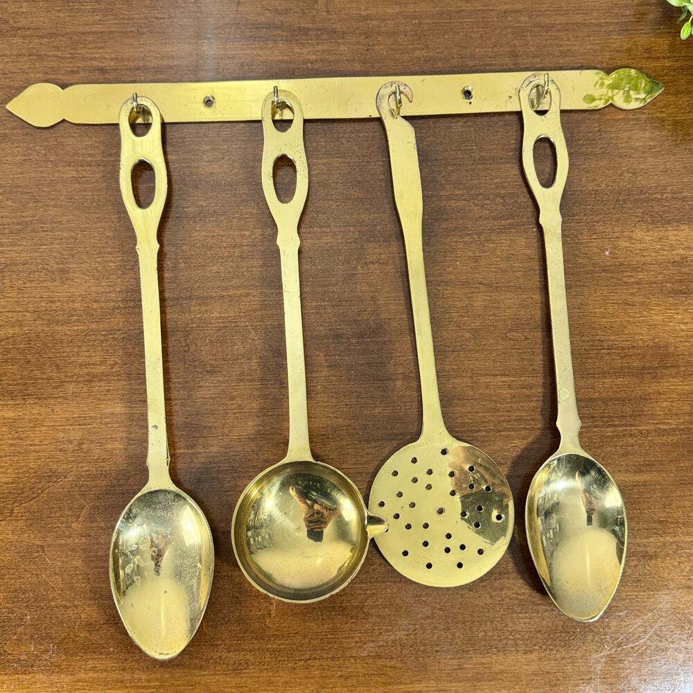 Vintage Brass 5 Pc Kitchen Utensil Set Wall Rack Made in India Spoon Ladle